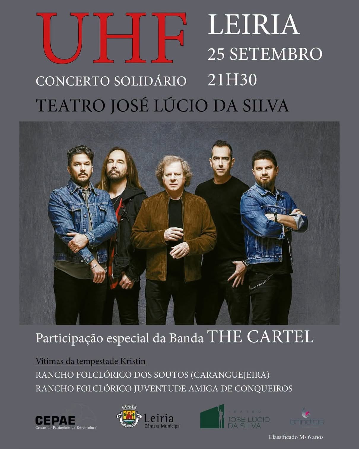 Cartaz de um concerto solidário dos UHF em Leiria, marcado para 25 de setembro, às 21h30, no Teatro José Lúcio da Silva. Anuncia a participação especial da banda The Cartel e refere as vítimas da tempestade Kristin.