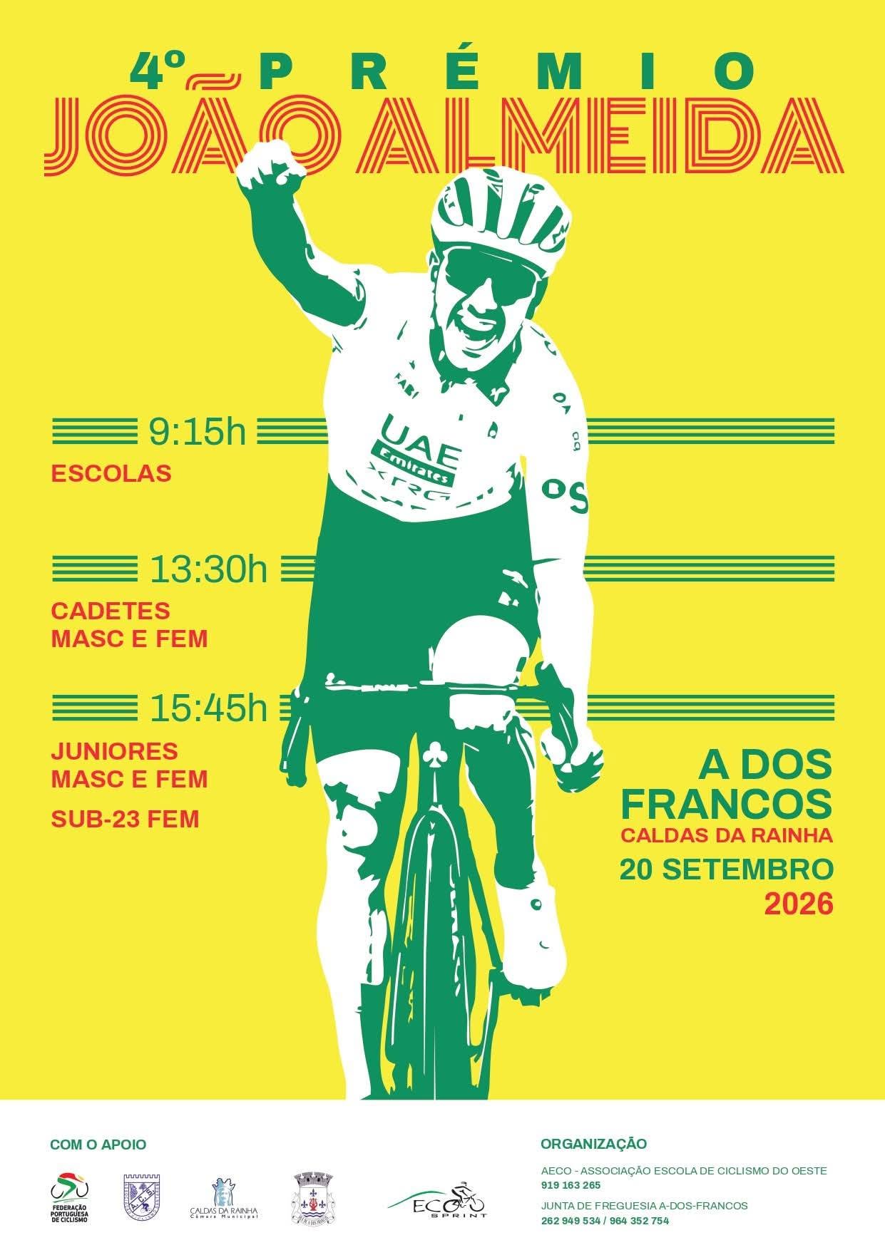 Cartaz do 4.º Prémio João Almeida, em A dos Francos, Caldas da Rainha, a 20 de setembro de 2026. Anuncia provas de ciclismo para escolas, cadetes, juniores e sub-23 femininas, com horários a partir das 9h15.