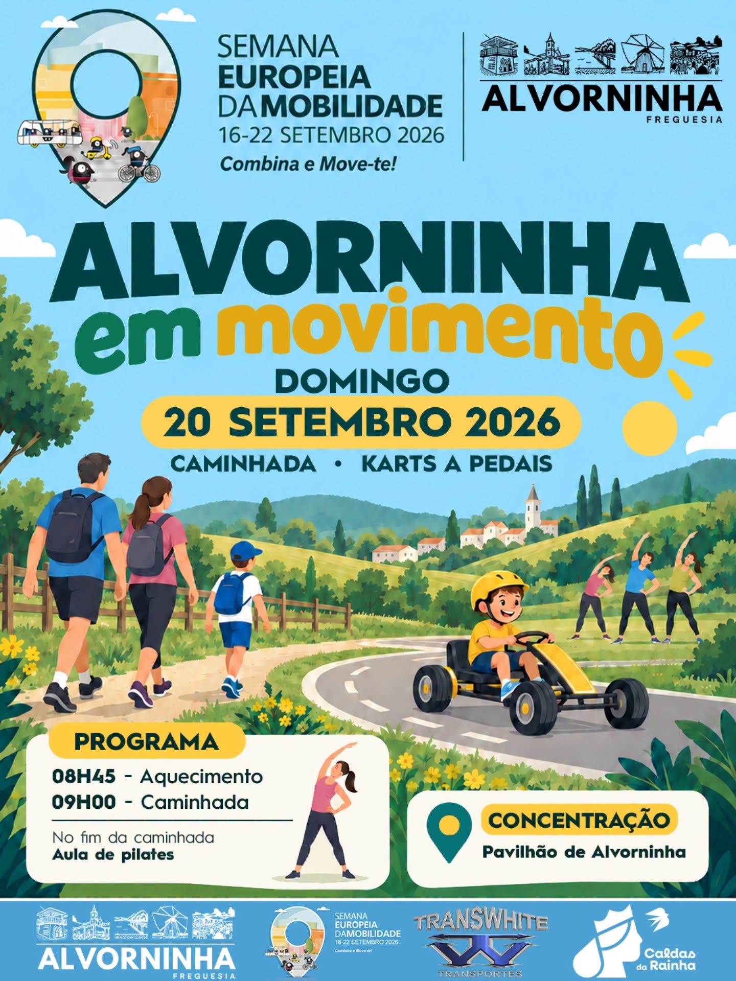 Cartaz da iniciativa «Alvorninha em Movimento», integrada na Semana Europeia da Mobilidade. Anuncia uma caminhada e karts a pedais para 20 de setembro de 2026, com concentração no Pavilhão de Alvorninha.