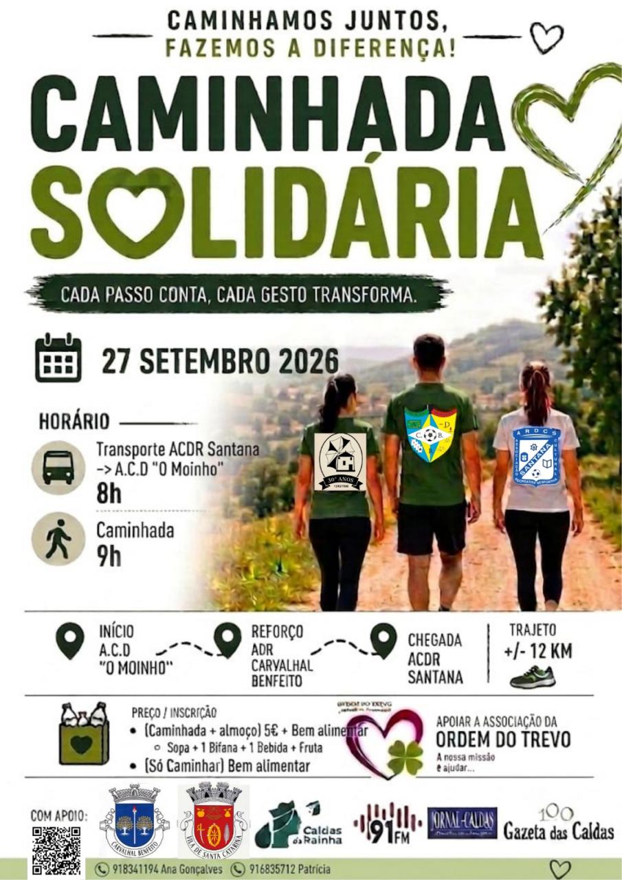 Cartaz de divulgação de uma caminhada solidária marcada para 27 de setembro de 2026, com início na A.C.D. «O Moinho» e chegada à ACDR Santana. A iniciativa apoia a associação Ordem do Trevo.