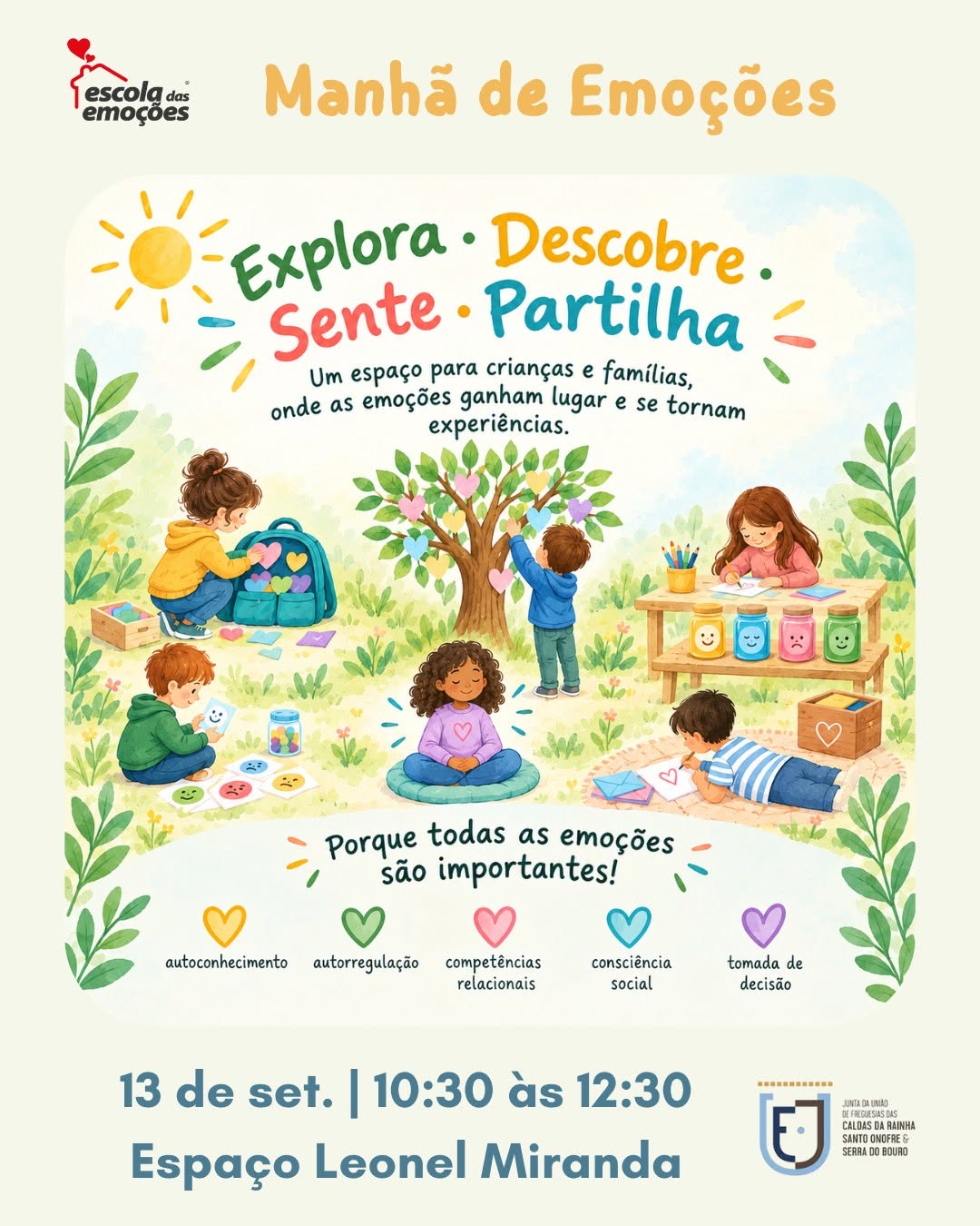 Cartaz da “Manhã de Emoções”, uma atividade para crianças e famílias dedicada à exploração e partilha de emoções. Indica 13 de setembro, das 10:30 às 12:30, no Espaço Leonel Miranda.