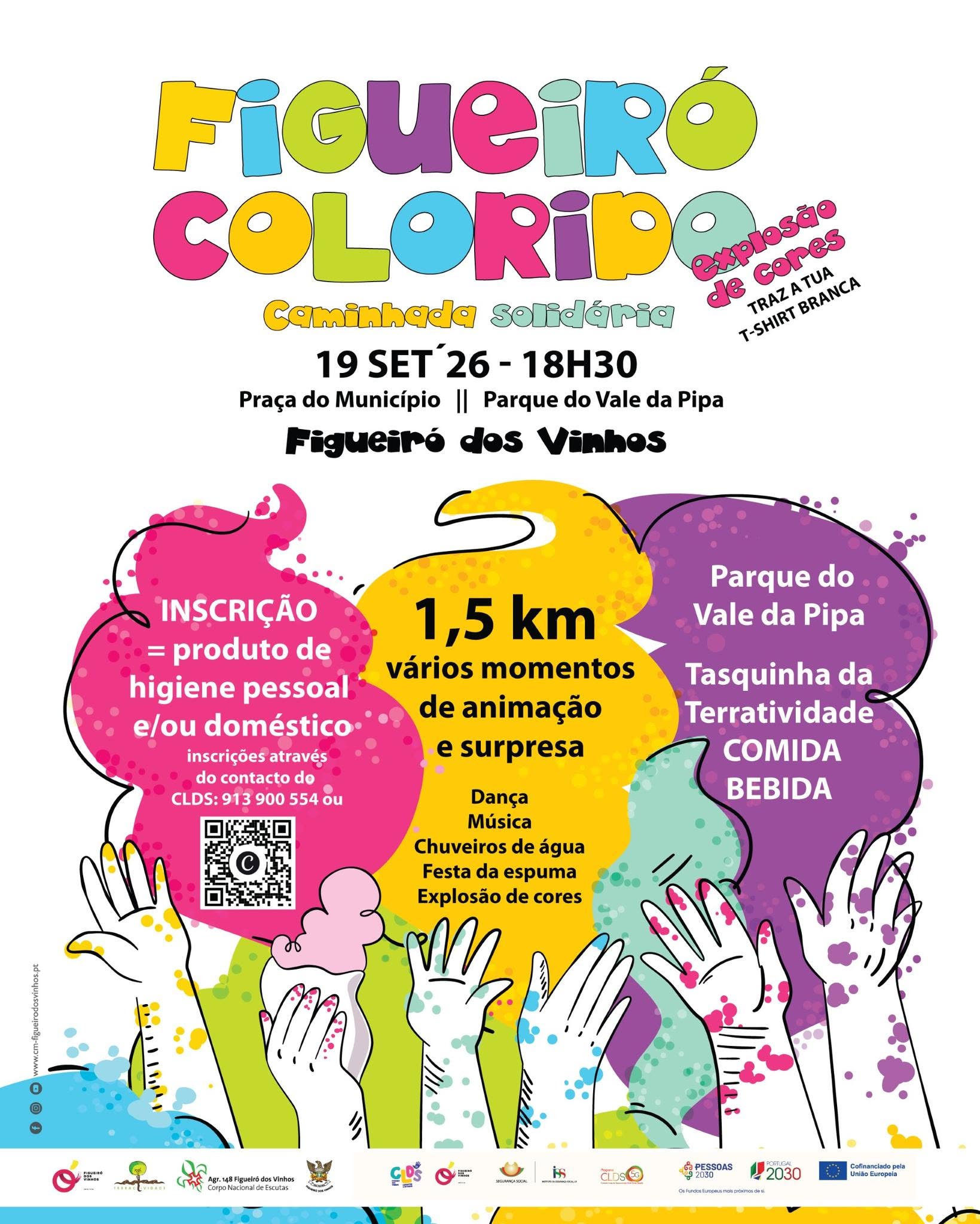 Cartaz da iniciativa «Figueiró Colorido — Caminhada Solidária», marcada para 19 de setembro de 2026, às 18h30, em Figueiró dos Vinhos. Anuncia um percurso de 1,5 km entre a Praça do Município e o Parque do Vale da Pipa, com inscrição mediante entrega de produtos de higiene.
