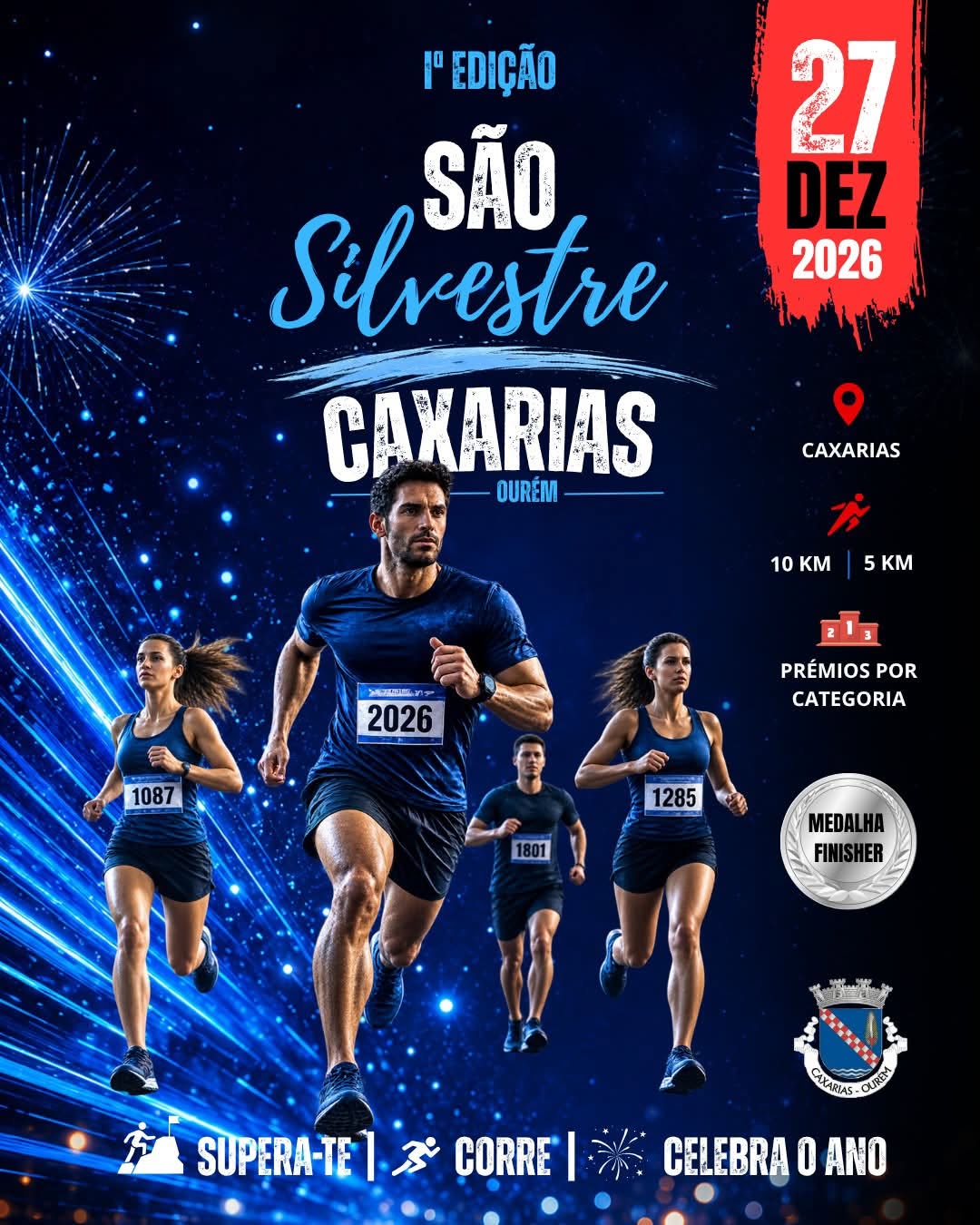 Cartaz da 1.ª edição da São Silvestre Caxarias, Ourém, anunciada para 27 de dezembro de 2026. Divulga provas de 10 km e 5 km, prémios por categoria e medalha para quem terminar.