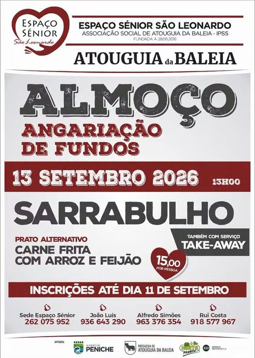 Cartaz do Espaço Sénior São Leonardo, na Atouguia da Baleia, a anunciar um almoço de angariação de fundos em 13 de setembro de 2026. O prato é sarrabulho, com alternativa de carne frita com arroz e feijão, e há serviço de take-away.