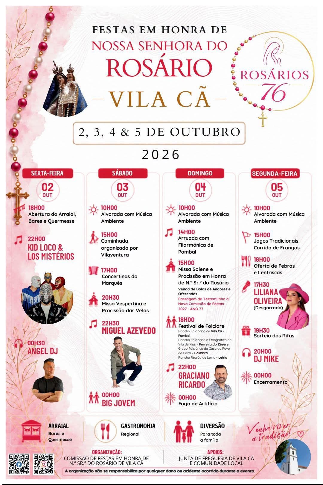 Cartaz das festas em honra de Nossa Senhora do Rosário, em Vila Cã, de 2 a 5 de outubro de 2026. O programa inclui celebrações religiosas, música, folclore, gastronomia e atividades populares.