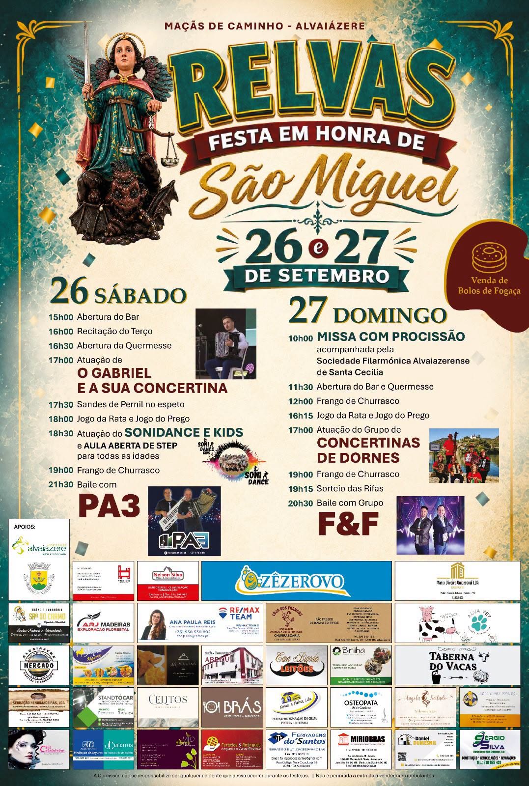 Cartaz da festa em honra de São Miguel, em Relvas, Maçãs de Caminho, Alvaiázere, nos dias 26 e 27 de setembro. Apresenta o programa religioso e musical, atividades e apoios locais.