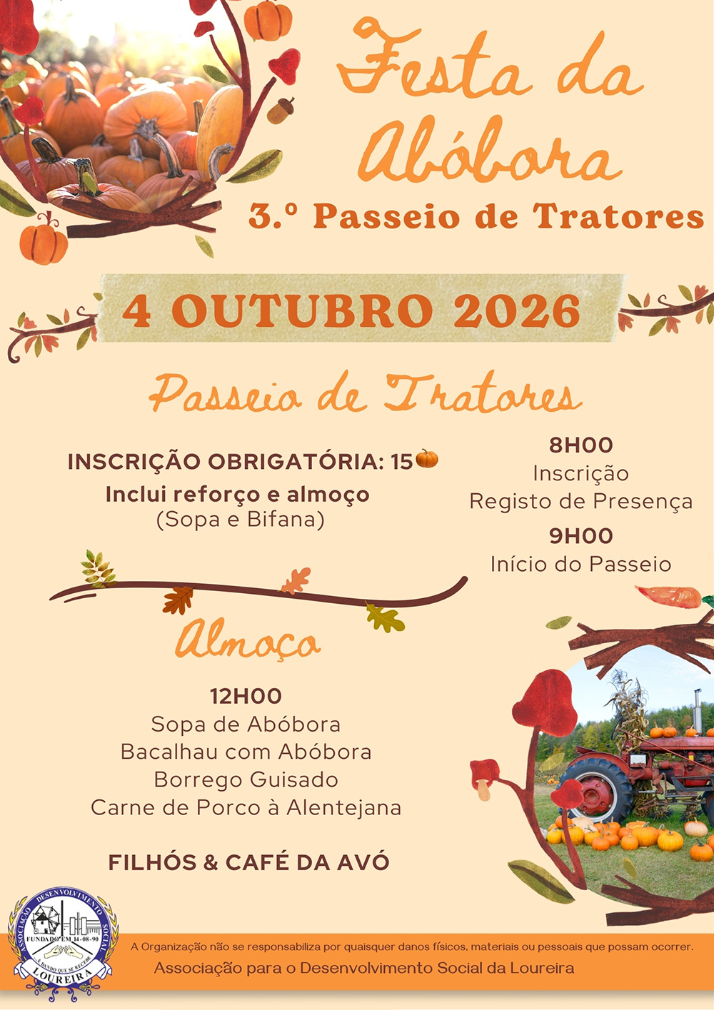 Cartaz da Festa da Abóbora e do 3.º Passeio de Tratores, marcado para 4 de outubro de 2026. Apresenta horários, inscrição obrigatória e ementa do almoço, numa organização da Associação para o Desenvolvimento Social da Loureira.