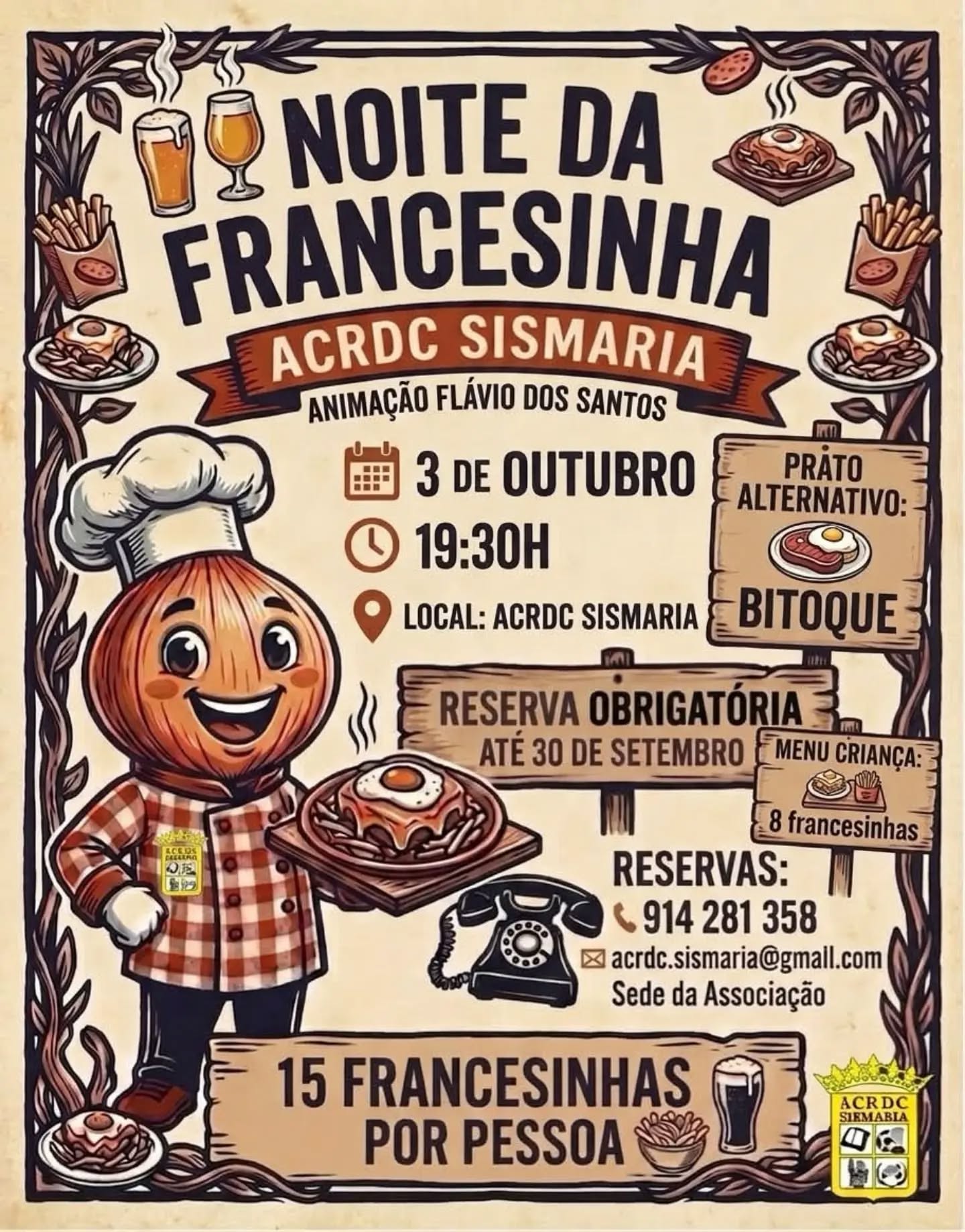Cartaz de divulgação de uma noite da francesinha na ACRDC Sismaria, marcada para 3 de outubro às 19h30. Indica reserva obrigatória até 30 de setembro, opção de bitoque e menu de criança.