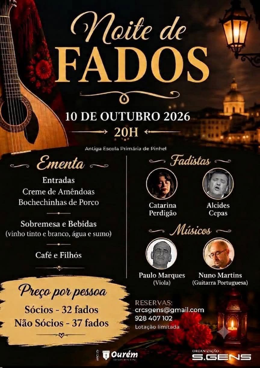Cartaz de uma Noite de Fados marcada para 10 de outubro de 2026, às 20h, na Antiga Escola Primária de Pinhel. Apresenta os fadistas, os músicos, a ementa e os preços de entrada.