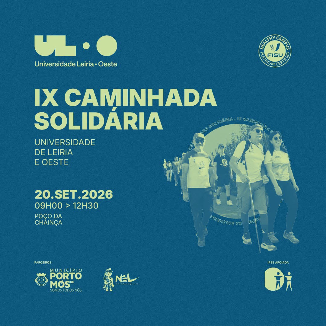 Cartaz da IX Caminhada Solidária da Universidade de Leiria e Oeste, anunciada para 20 de setembro de 2026, das 09h00 às 12h30, no Poço da Chainça. A imagem mostra um grupo de pessoas a caminhar.