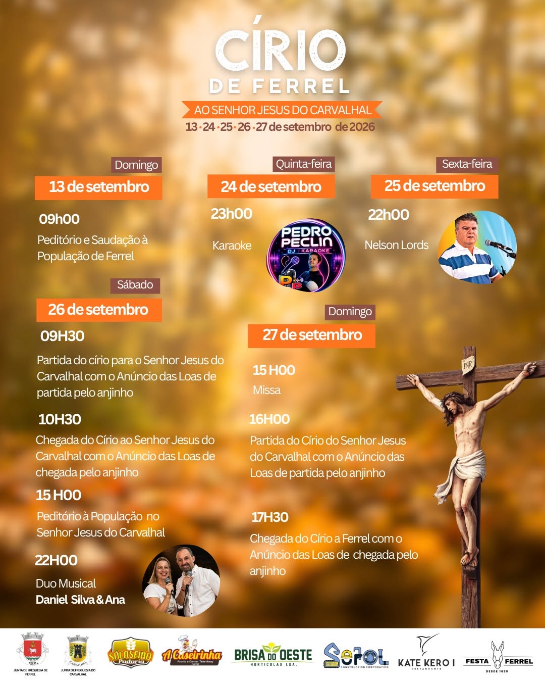 Cartaz do Círio de Ferrel ao Senhor Jesus do Carvalhal, com programa para 13 e 24 a 27 de setembro de 2026. Anuncia cerimónias religiosas, karaoke e atuações musicais.