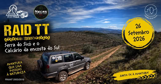 Cartaz de divulgação de um passeio todo-o-terreno, com um veículo numa estrada de terra em paisagem rural. O evento está anunciado para 26 de setembro de 2026.
