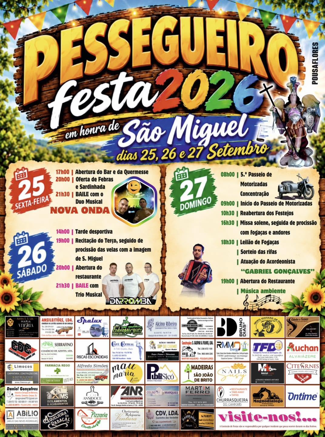 Cartaz da Festa do Pessegueiro 2026, em honra de São Miguel, marcada para 25, 26 e 27 de setembro. O programa anuncia música, procissão, passeio de motorizadas e fogo de artifício.