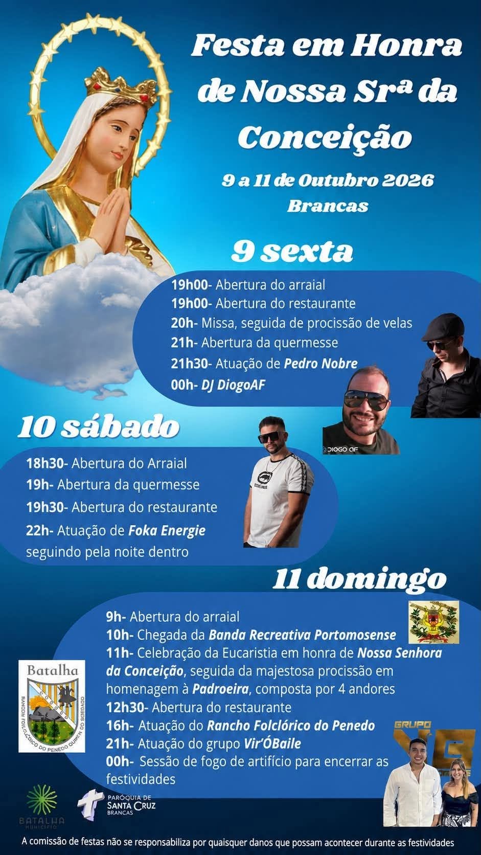 Cartaz da Festa em Honra de Nossa Senhora da Conceição, em Brancas, de 9 a 11 de outubro de 2026. O programa anuncia celebrações religiosas, arraial, atuações musicais e fogo de artifício.