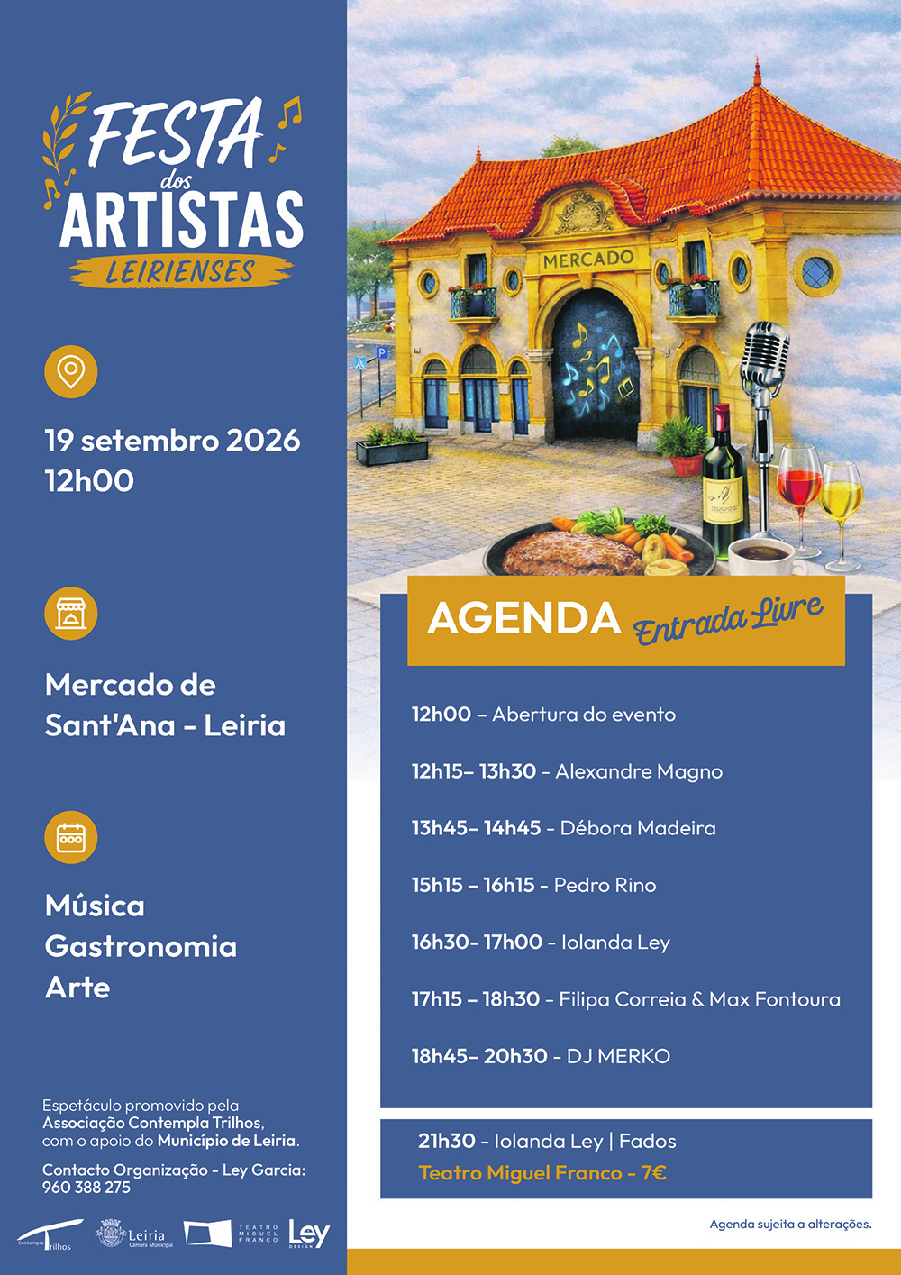 Cartaz da Festa dos Artistas Leirienses, marcada para 19 de setembro de 2026 no Mercado de Sant’Ana, em Leiria. Anuncia música, gastronomia e arte, com entrada livre e um espetáculo de fados à noite no Teatro Miguel Franco.