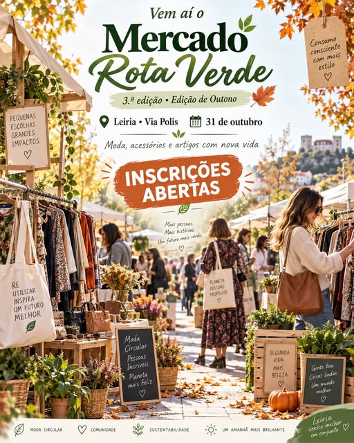 Cartaz da 3.ª edição de outono do Mercado Rota Verde, em Leiria, Via Polis, a 31 de outubro, com inscrições abertas. A imagem mostra bancas de roupa e plantas e destaca a reutilização e o consumo consciente.