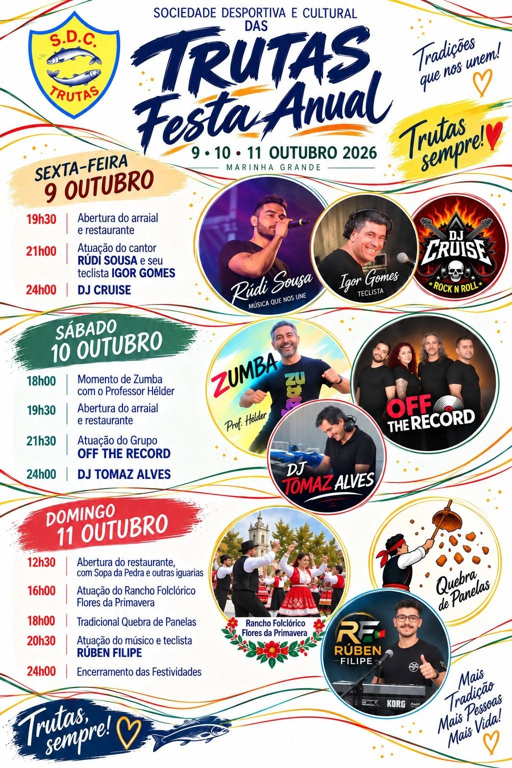 Cartaz da Festa Anual da Sociedade Desportiva e Cultural das Trutas, na Marinha Grande, de 9 a 11 de outubro de 2026. Apresenta a programação de música, zumba, folclore, restauração e quebra de panelas.