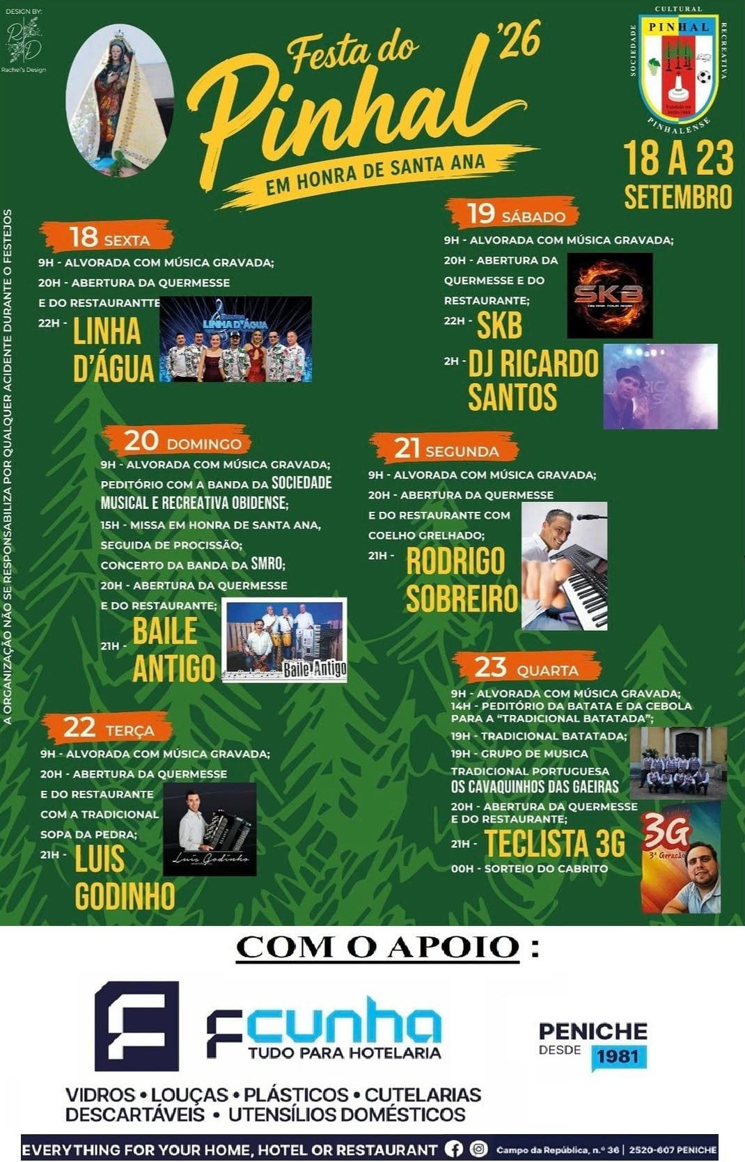 Cartaz da Festa do Pinhal ’26, em honra de Santa Ana, com programa de 18 a 23 de setembro. Anuncia celebrações religiosas, quermesse, gastronomia e atuações musicais.