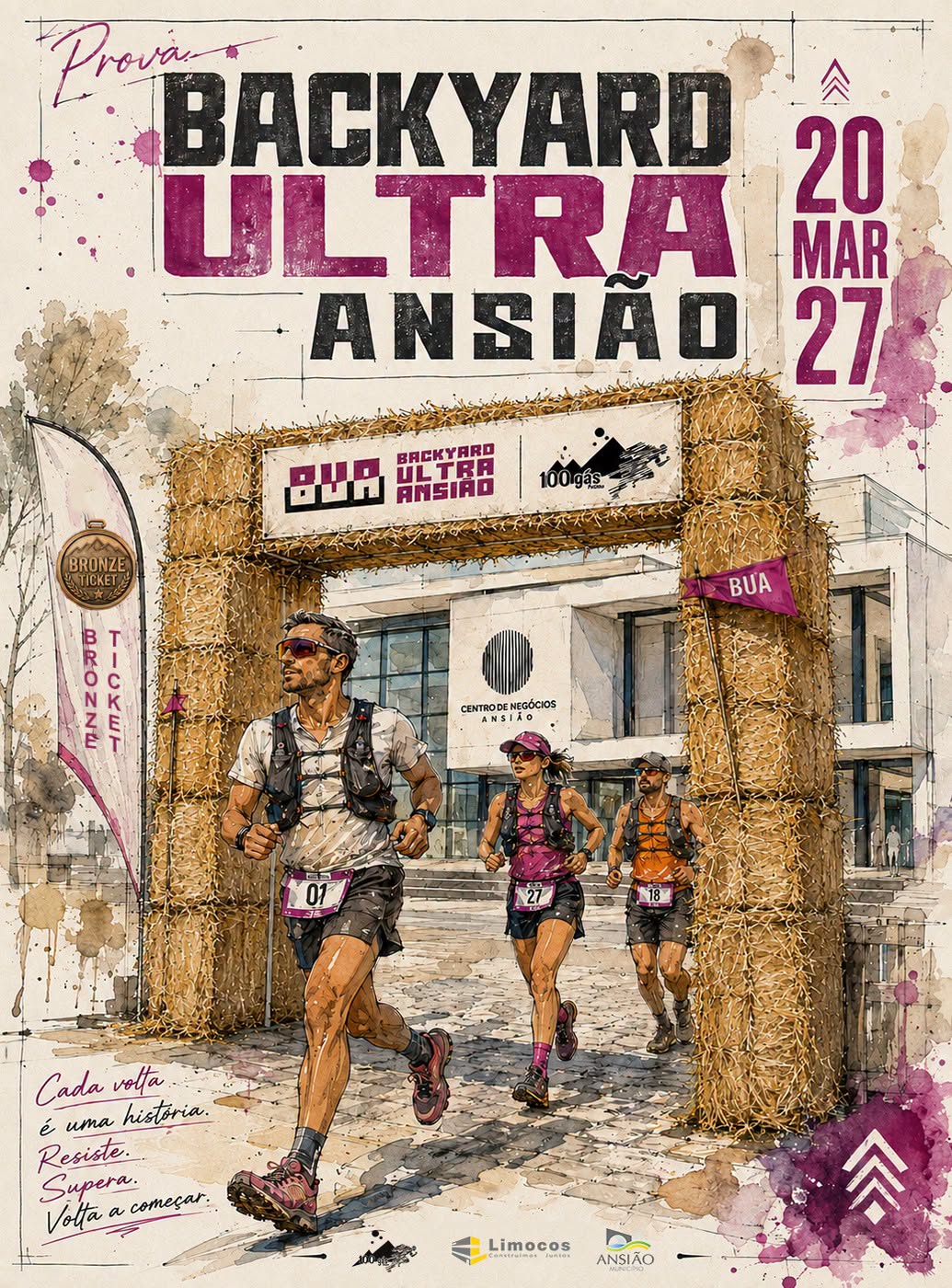 Cartaz ilustrado da prova de corrida Backyard Ultra Ansião, anunciada para 20 de março de 2027. Mostra três atletas a correr sob um arco de palha.