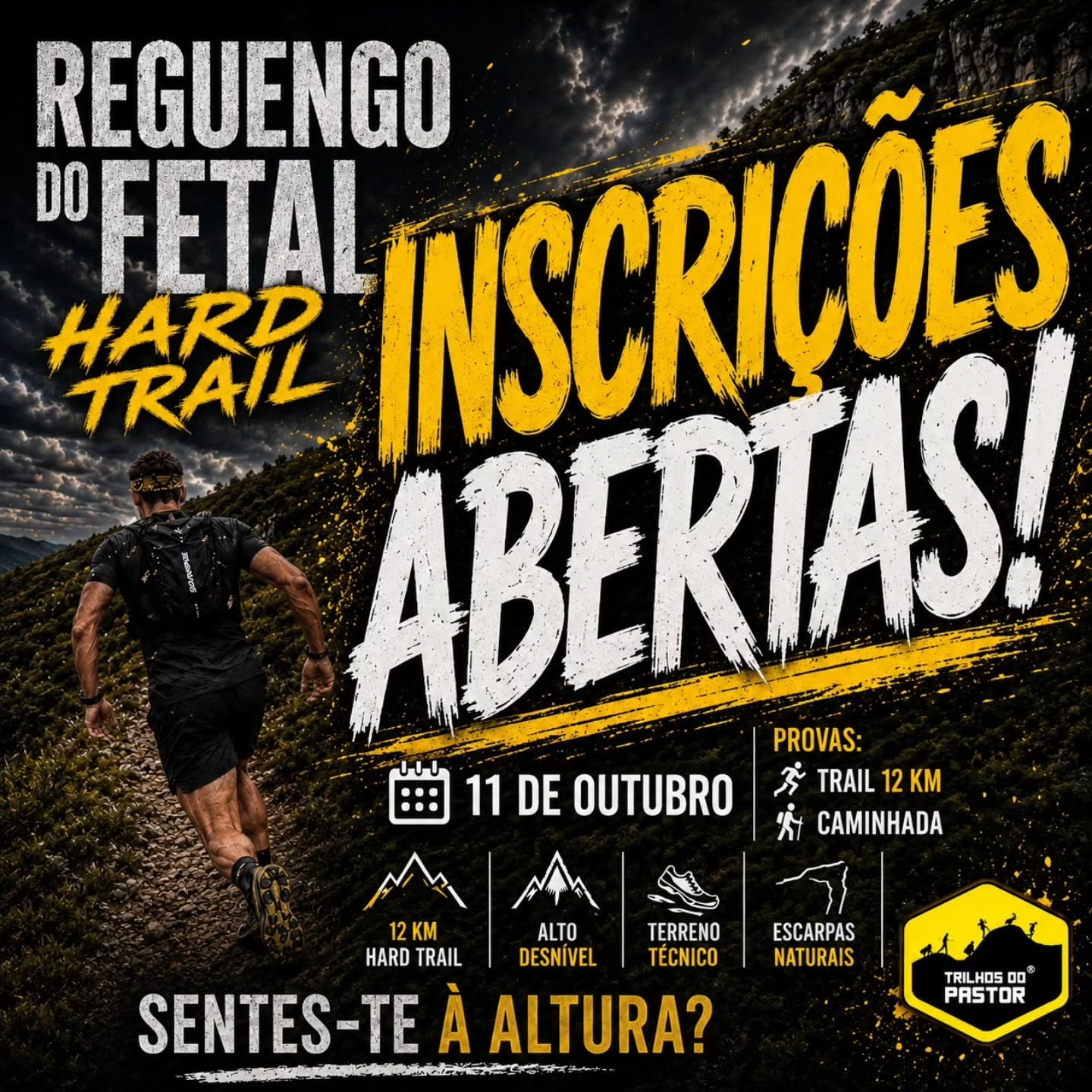 Cartaz de divulgação do reguengo do Fetal Hard Trail, com inscrições abertas para 11 de outubro. Anuncia uma prova de trail de 12 km e uma caminhada, destacando o alto desnível e o terreno técnico.