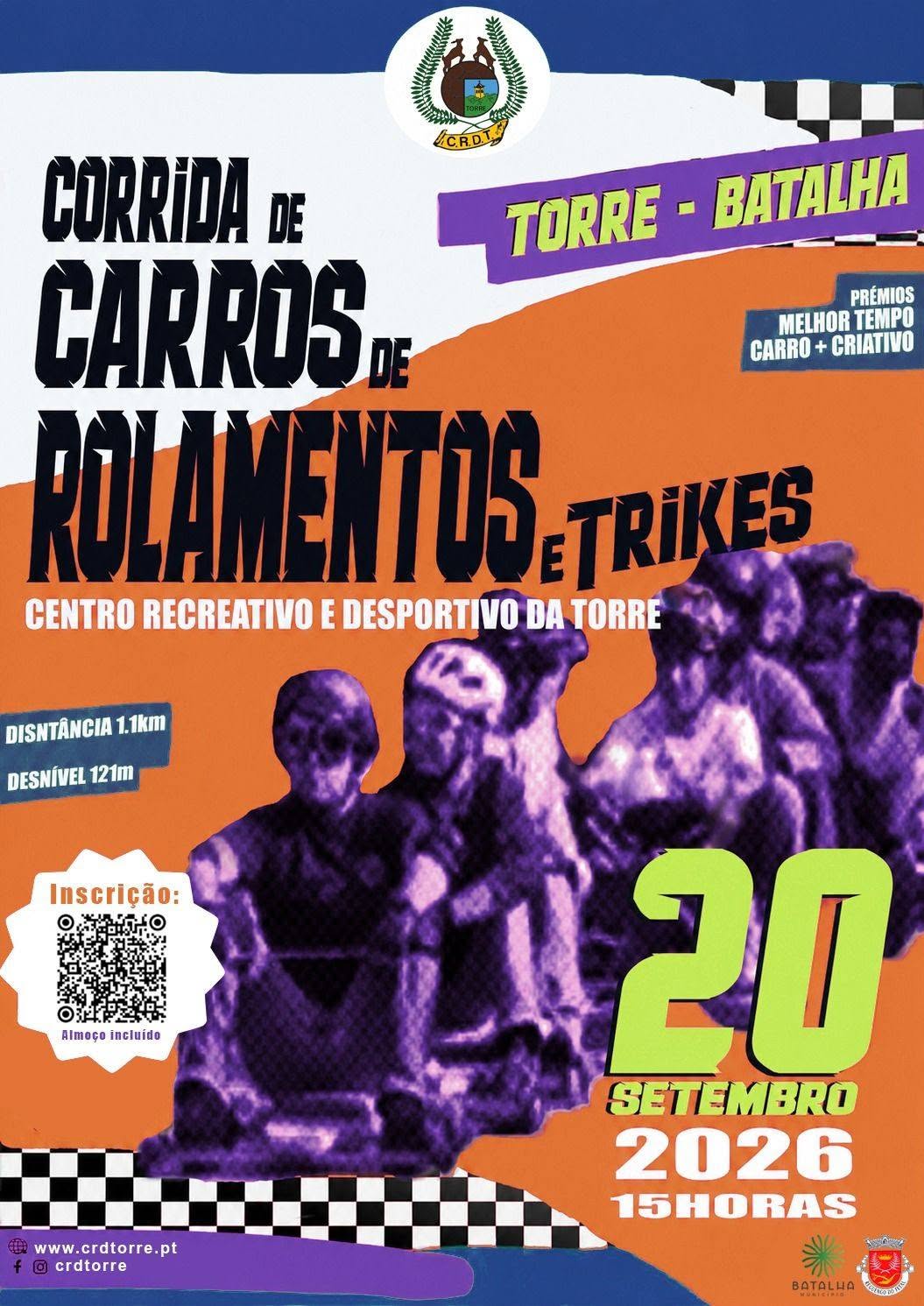 Cartaz de uma corrida de carros de rolamentos e trikes no percurso Torre–Batalha, organizada pelo Centro Recreativo e Desportivo da Torre. O evento está anunciado para 20 de setembro de 2026, às 15 horas.