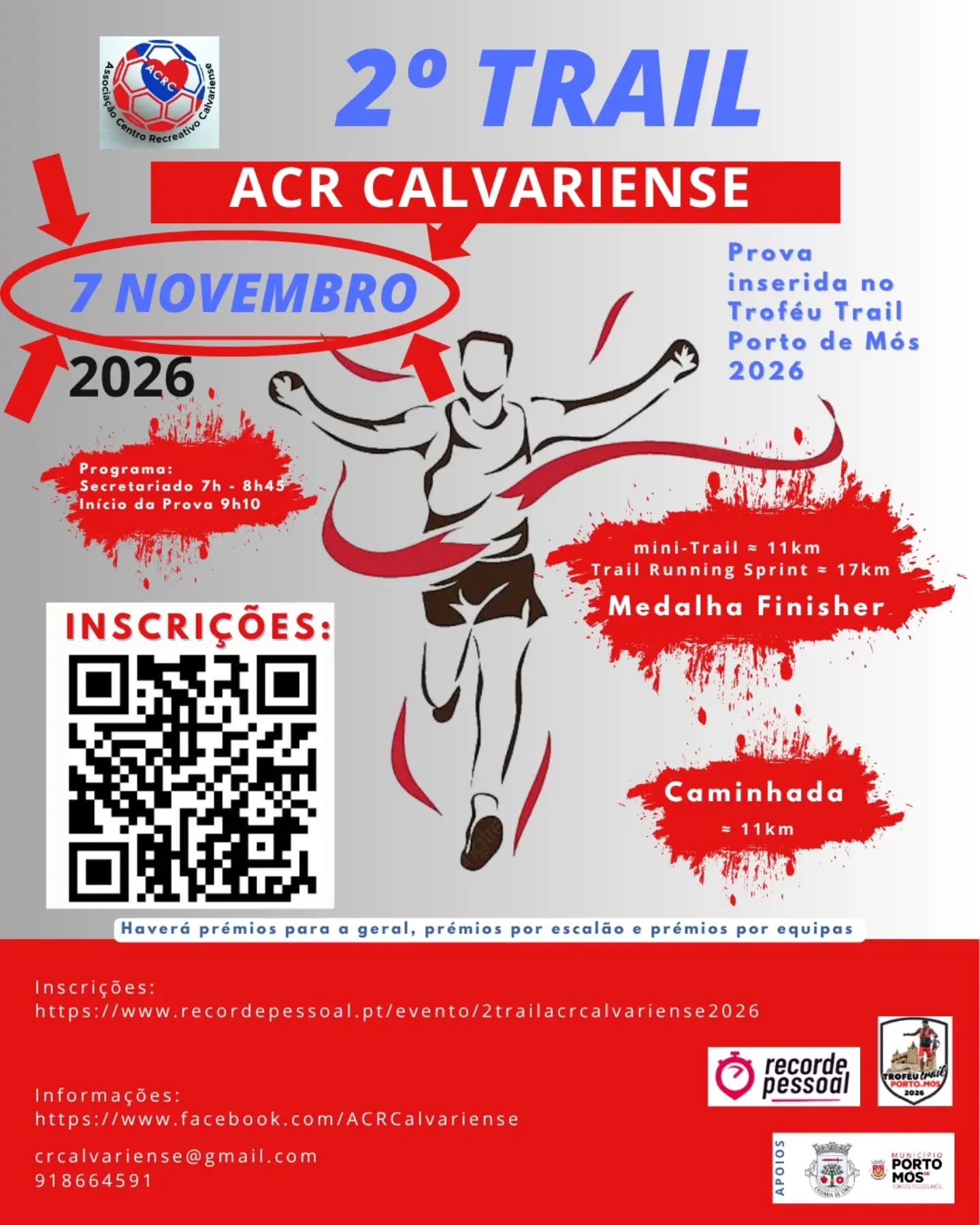 Cartaz do 2.º Trail ACR Calvariense, anunciado para 7 de novembro de 2026. Divulga provas de corrida de 11 e 17 km e uma caminhada de 11 km, com inscrições por código QR.