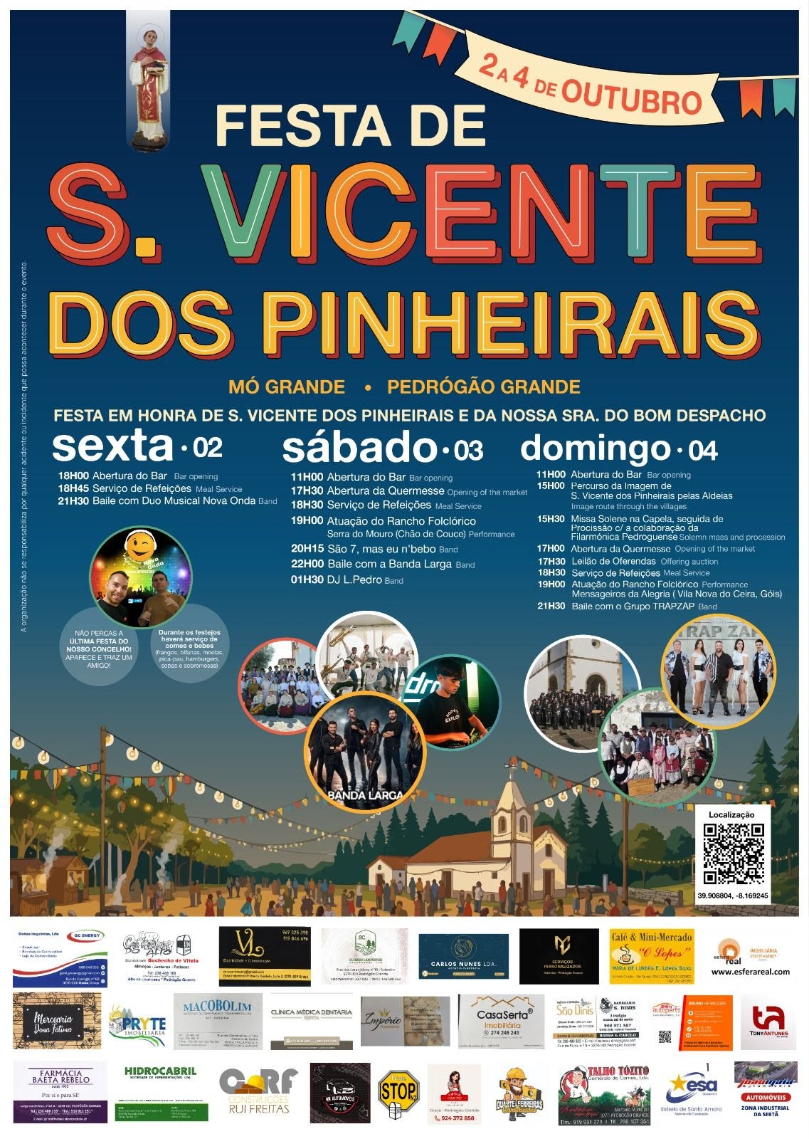 Cartaz da Festa de S. Vicente dos Pinheirais, em Mó Grande e Pedrógão Grande, de 2 a 4 de outubro. Apresenta o programa religioso e musical, com horários e atuações.