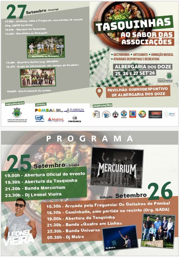 Cartaz das Tasquinhas ao Sabor das Associações, em Albergaria dos Doze, com programa de gastronomia, artesanato, música e atividades desportivas de 25 a 27 de setembro. O evento decorre no Pavilhão Gimnodesportivo de Albergaria dos Doze.