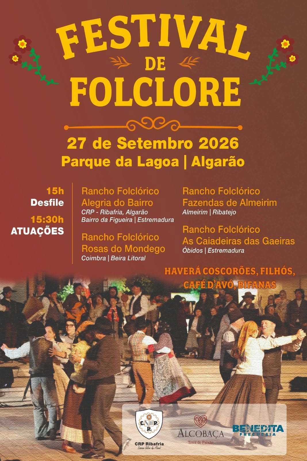 Cartaz do Festival de Folclore, marcado para 27 de setembro de 2026 no Parque da Lagoa, em Algarão. Anuncia um desfile às 15h e atuações de ranchos folclóricos às 15h30, sobre uma fotografia de dança tradicional.
