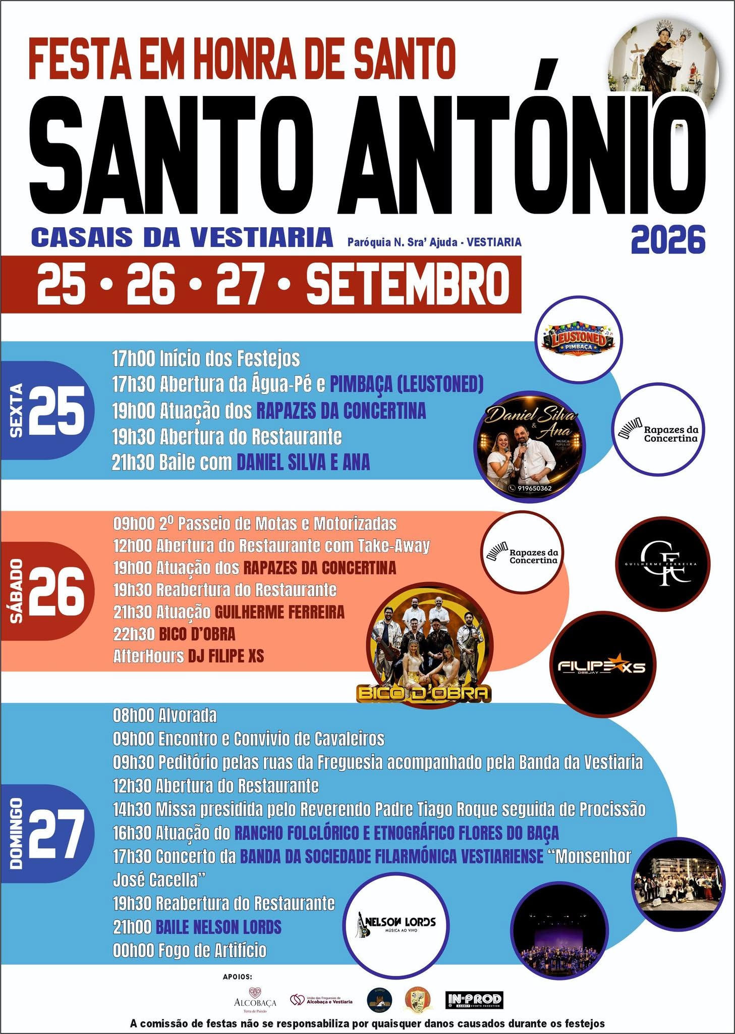 Cartaz da festa em honra de Santo António, em Casais da Vestiaria, de 25 a 27 de setembro de 2026. Apresenta o programa religioso e de animação, com missa, procissão, música ao vivo e fogo de artifício.