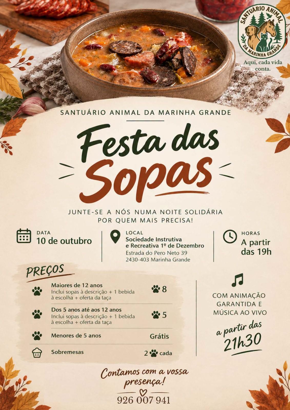 Cartaz da Festa das Sopas, uma noite solidária promovida pelo Santuário Animal da Marinha Grande. Anuncia o evento para 10 de outubro, a partir das 19h, na Sociedade Instrutiva e Recreativa 1.º de Dezembro, na Marinha Grande.