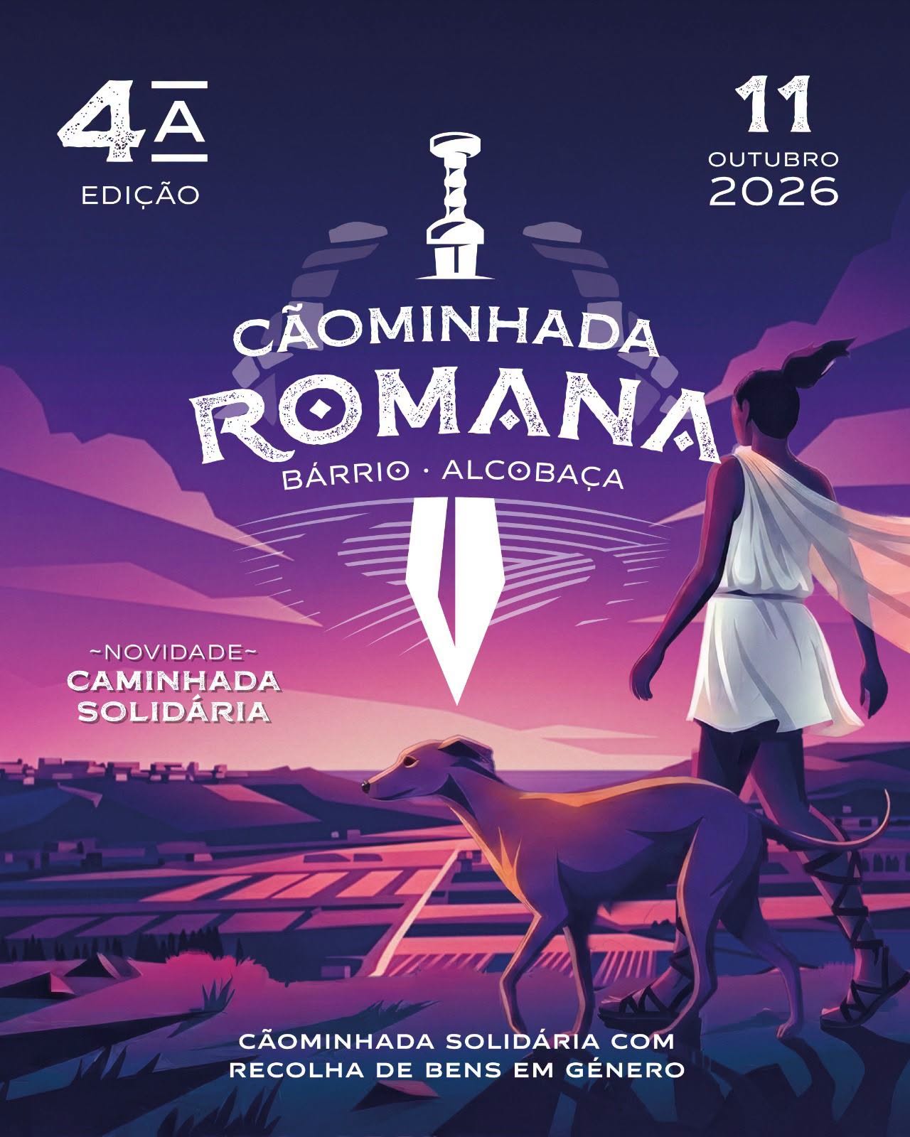 Cartaz da 4.ª edição da Cãominhada Romana, anunciada para 11 de outubro de 2026 em Bárrio, Alcobaça. Destaca uma caminhada solidária com recolha de bens em género e ilustra uma pessoa a caminhar com um cão.
