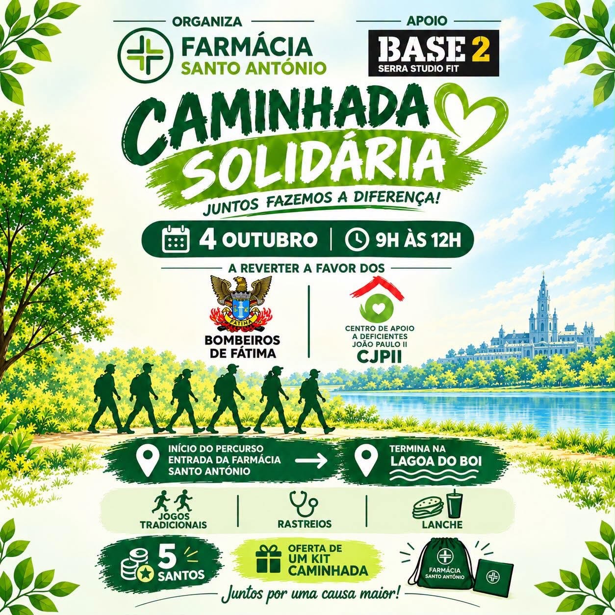 Cartaz de uma caminhada solidária organizada pela Farmácia Santo António, marcada para 4 de outubro, das 9h às 12h. A iniciativa reverte a favor dos Bombeiros de Fátima e do Centro de Apoio a Deficientes João Paulo II, com percurso até à Lagoa do Boi.