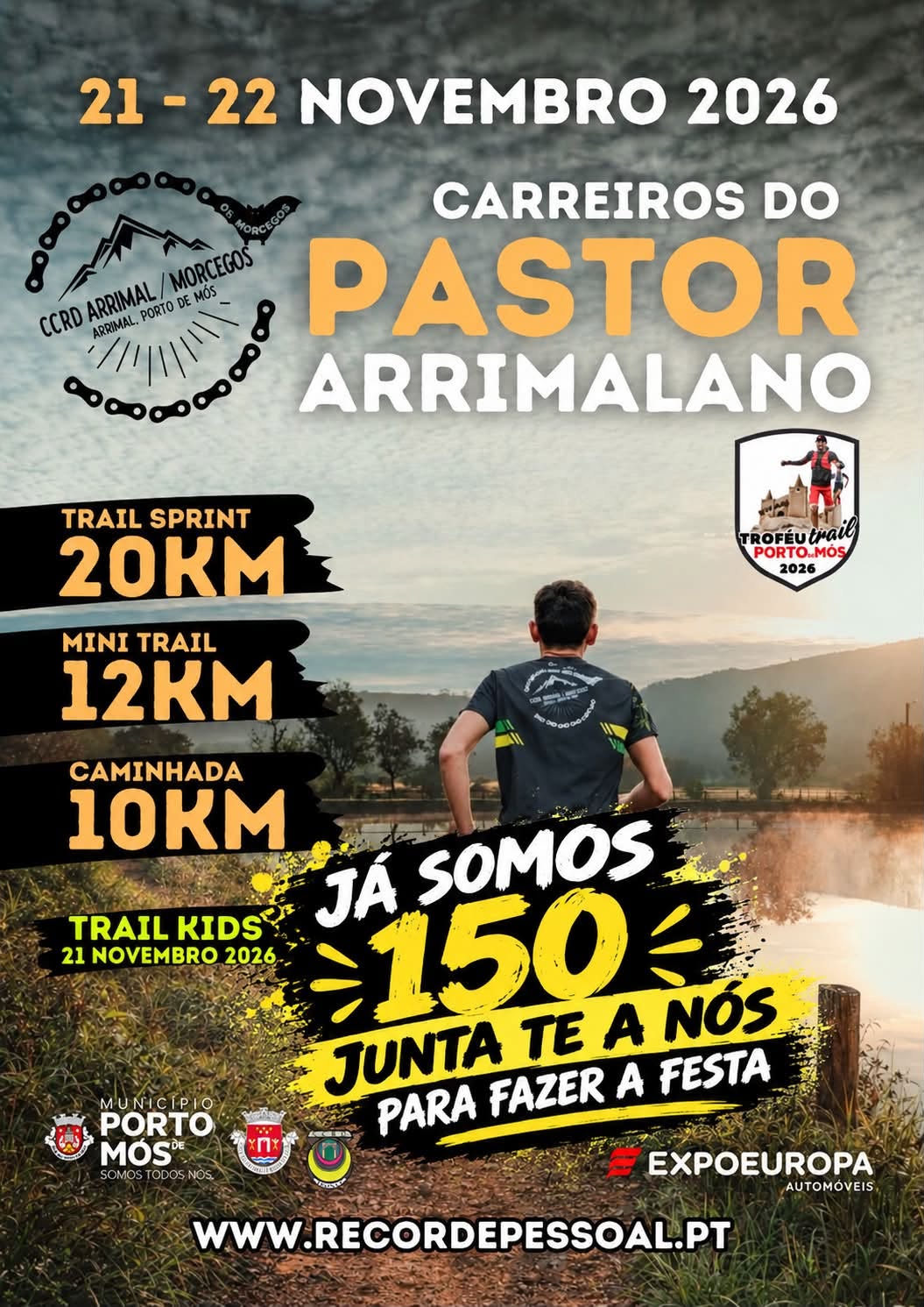 Cartaz da prova de trail «Carreiros do Pastor Arrimalano», anunciada para 21 e 22 de novembro de 2026. Divulga percursos de 20 km e 12 km, uma caminhada de 10 km e uma atividade infantil.