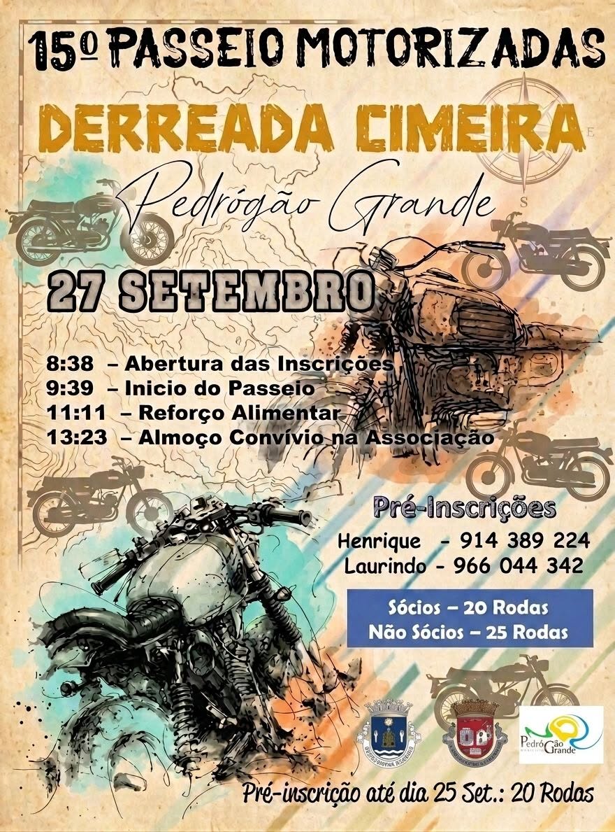 Cartaz do 15.º Passeio Motorizadas, promovido pela Derr(e)ada Cimeira, em Pedrógão Grande, no dia 27 de setembro. Apresenta o programa, contactos para pré-inscrição e preços para sócios e não sócios.