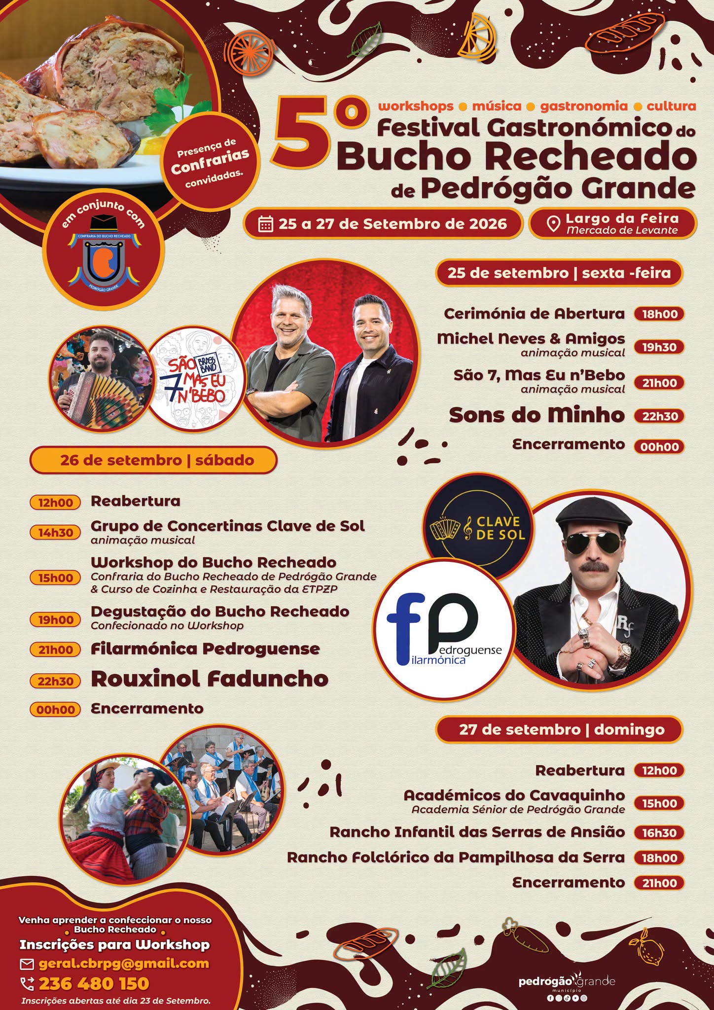Cartaz do 5.º Festival Gastronómico do Bucho Recheado de Pedrógão Grande, de 25 a 27 de setembro de 2026, no Largo da Feira. Divulga workshops, degustações, música e atuações de grupos folclóricos.