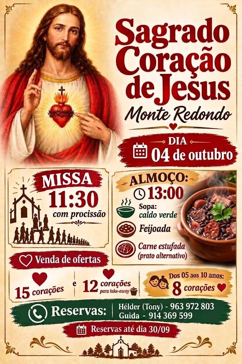 Cartaz do Sagrado Coração de Jesus, em Monte Redondo, com ilustração religiosa. Anuncia missa com procissão e almoço no dia 4 de outubro, além de venda de ofertas e reservas.