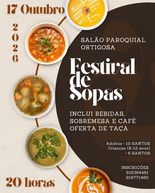 Cartaz do Festival de Sopas, marcado para 17 de outubro de 2026, às 20 horas, no Salão Paroquial de Ortigosa. Anuncia bebidas, sobremesa e café incluídos, além de uma oferta de taça.
