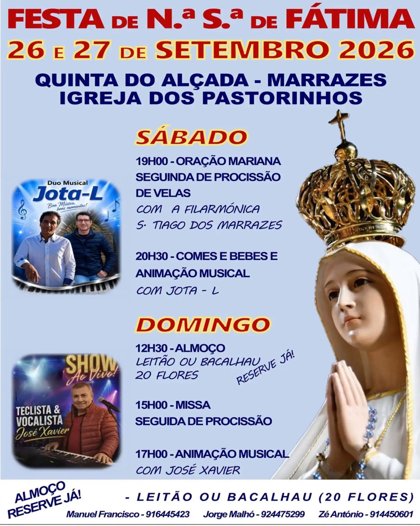 Cartaz da Festa de Nossa Senhora de Fátima, marcada para 26 e 27 de setembro de 2026, na Quinta do Alçada, Marrazes. O programa anuncia celebrações religiosas, almoço e animação musical.