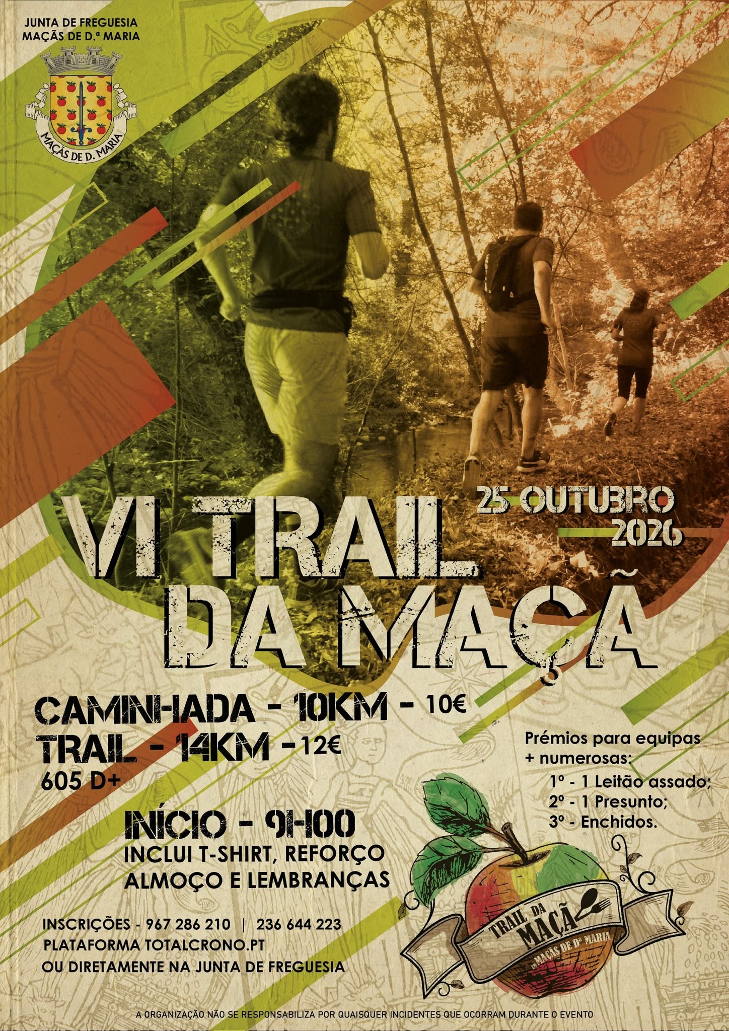 Cartaz da Junta de Freguesia de Maçãs de D. Maria para o VI Trail da Maçã, anunciado para 25 de outubro de 2026. Divulga uma caminhada de 10 km e um trail de 14 km, com início às 9h00.