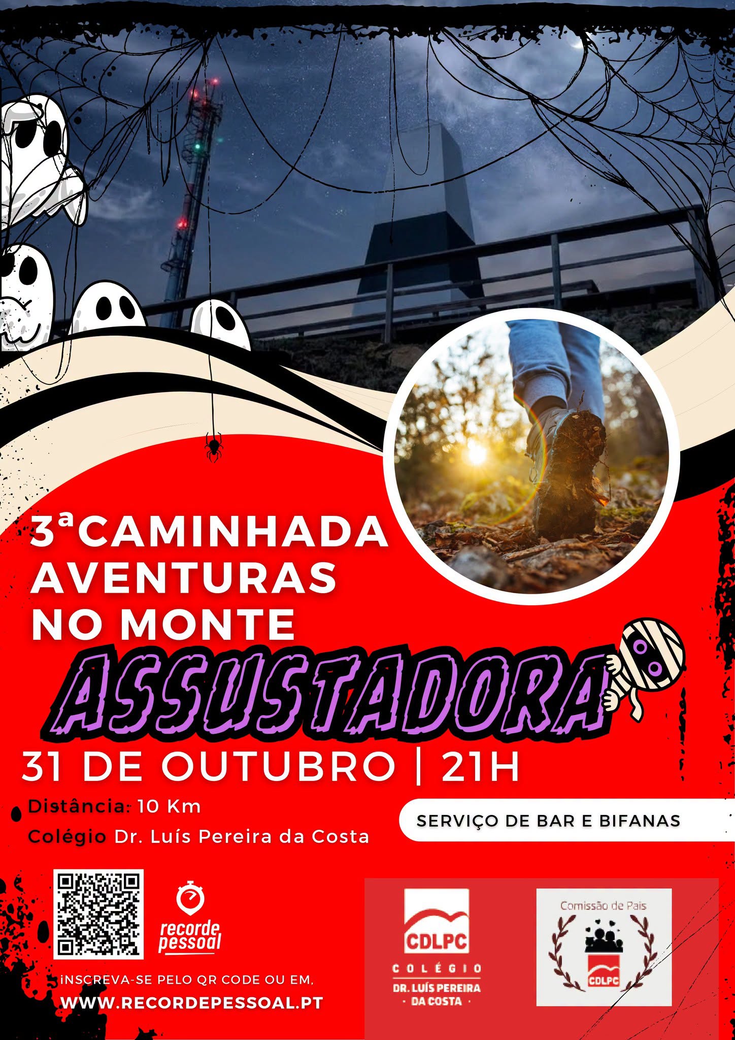Cartaz da 3.ª Caminhada Aventuras no Monte Assustadora, marcada para 31 de outubro, às 21h. O percurso anunciado tem 10 km e a inscrição é feita por código QR ou no sítio indicado no cartaz.