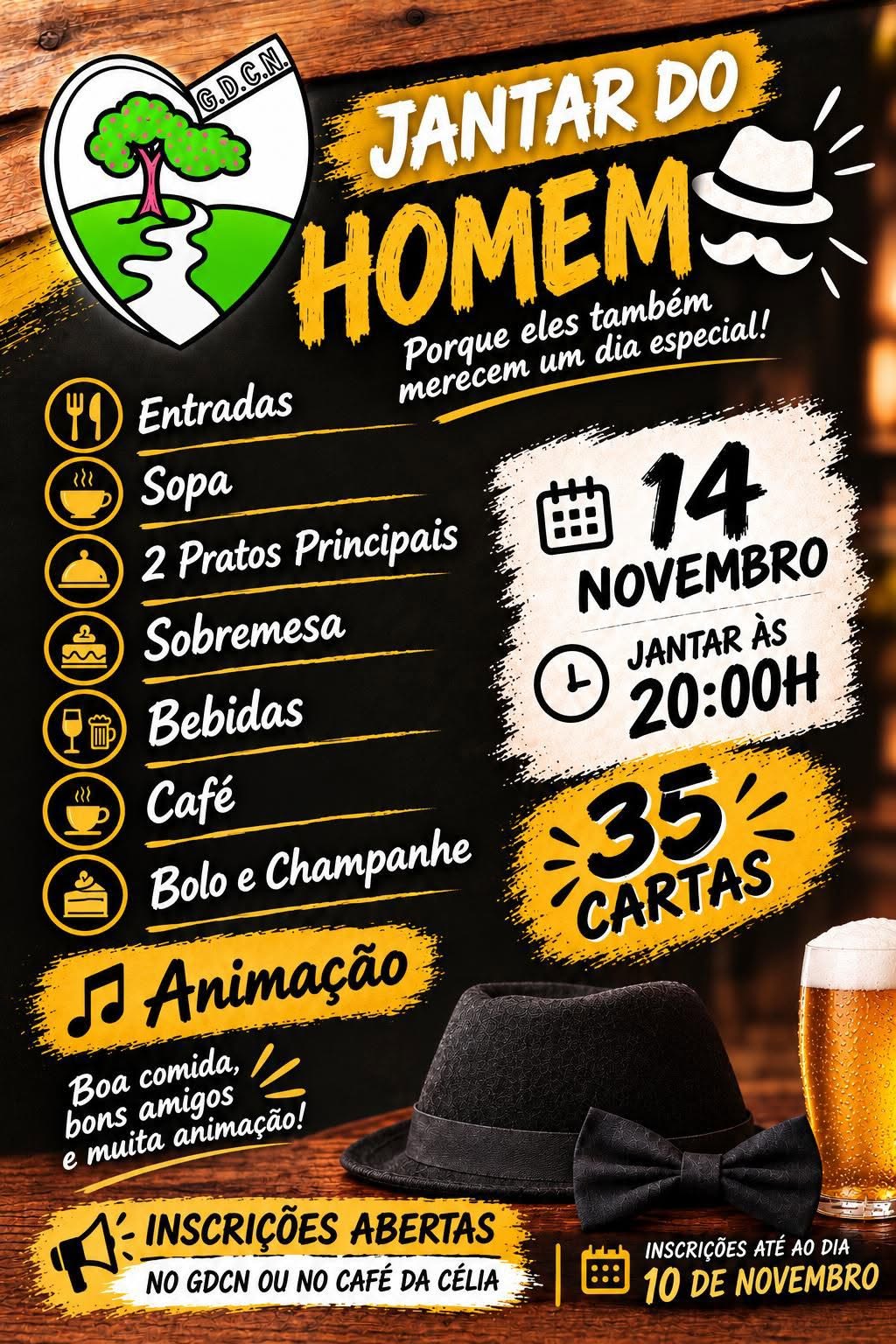Cartaz do «Jantar do Homem» do G.D.C.N., marcado para 14 de novembro às 20h00. Anuncia 35 cartas, jantar e animação, com inscrições até 10 de novembro.