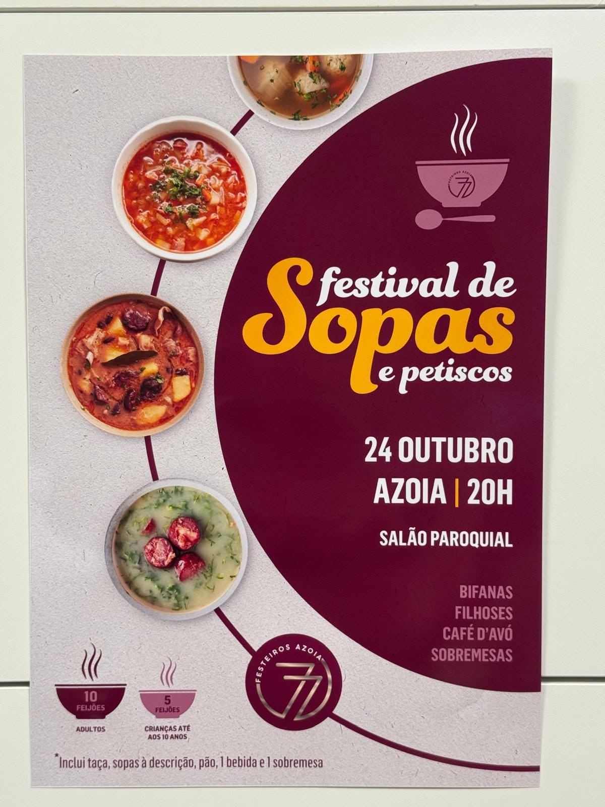 Cartaz do Festival de Sopas e Petiscos, anunciado para 24 de outubro, às 20h, no Salão Paroquial da Azoia. Apresenta imagens de sopas e informa sobre petiscos e preços para adultos e crianças.