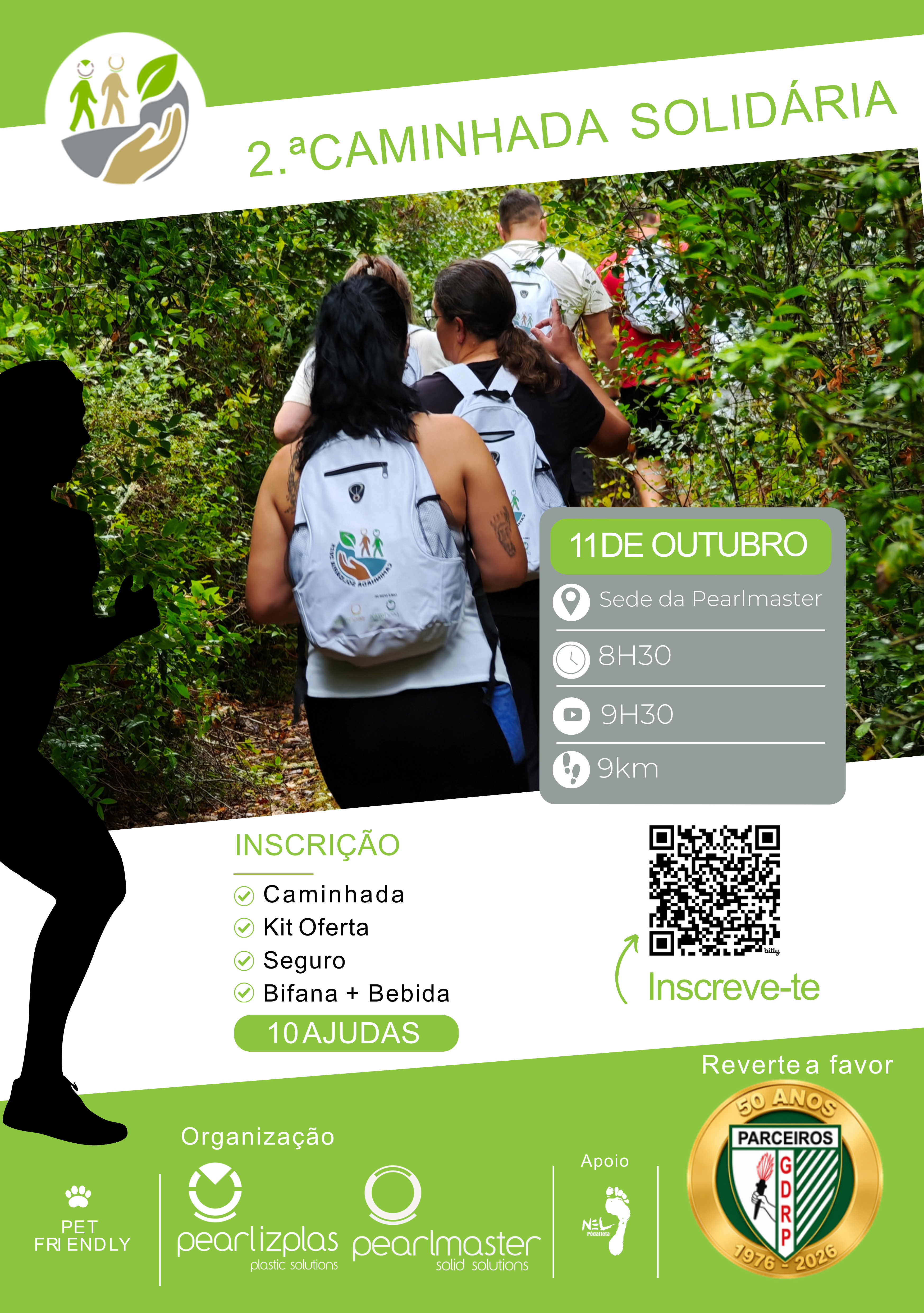 Cartaz da 2.ª Caminhada Solidária, com participantes num trilho. Anuncia uma caminhada de 9 km a 11 de outubro, com encontro na sede da Pearlmaster às 8h30; a inscrição custa 10 ajudas.