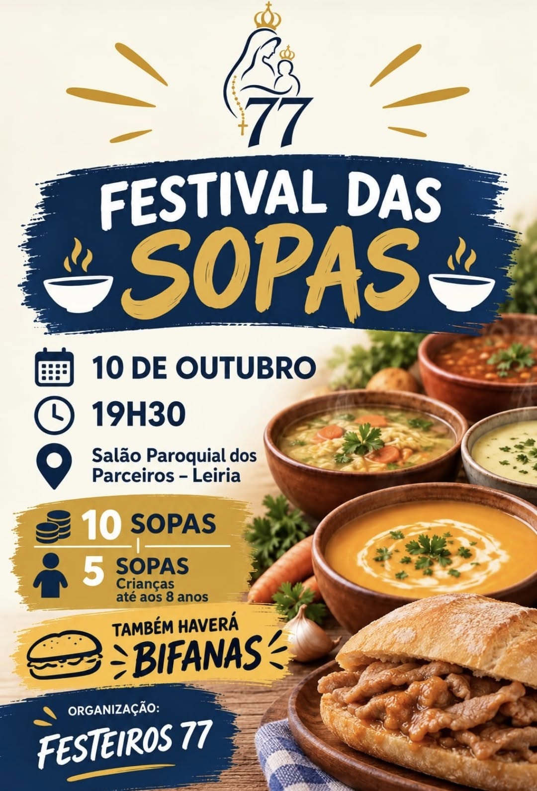Cartaz do Festival das Sopas, marcado para 10 de outubro, às 19h30, no Salão Paroquial dos Parceiros, em Leiria. Anuncia sopas e bifanas; a organização é dos Festeiros 77.