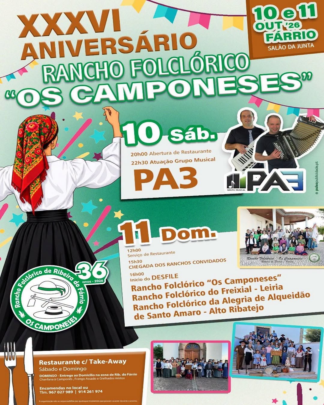 Cartaz do XXXVI aniversário do Rancho Folclórico «Os Camponeses», anunciado para 10 e 11 de outubro de 2026, no Salão da Junta, em Fábrio. O programa inclui música, desfile de ranchos e serviço de restaurante.