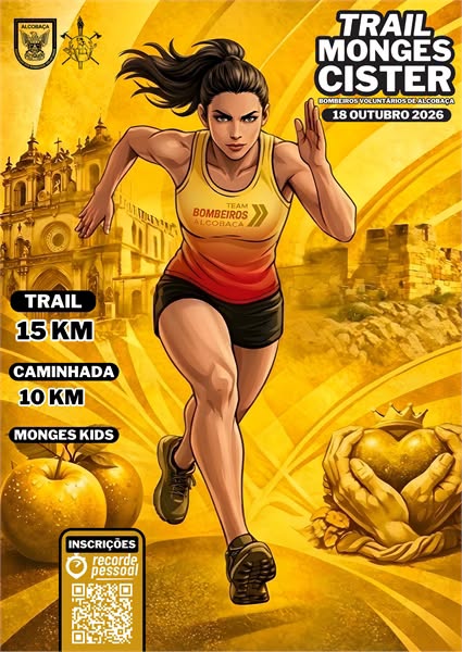 Cartaz ilustrado do Trail Monges Cister, anunciado para 18 de outubro de 2026 em Alcobaça. Divulga um trail de 15 km, uma caminhada de 10 km e a modalidade Monges Kids.