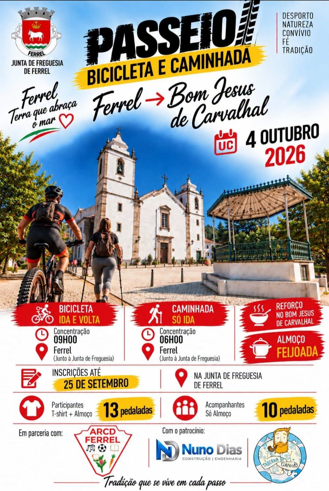 Cartaz da Junta de Freguesia de Ferrel para um passeio de bicicleta e caminhada entre Ferrel e Bom Jesus de Carvalhal, marcado para 4 de outubro de 2026. A imagem mostra uma igreja, um coreto, um ciclista e uma caminhante, e anuncia inscrições até 25 de setembro.