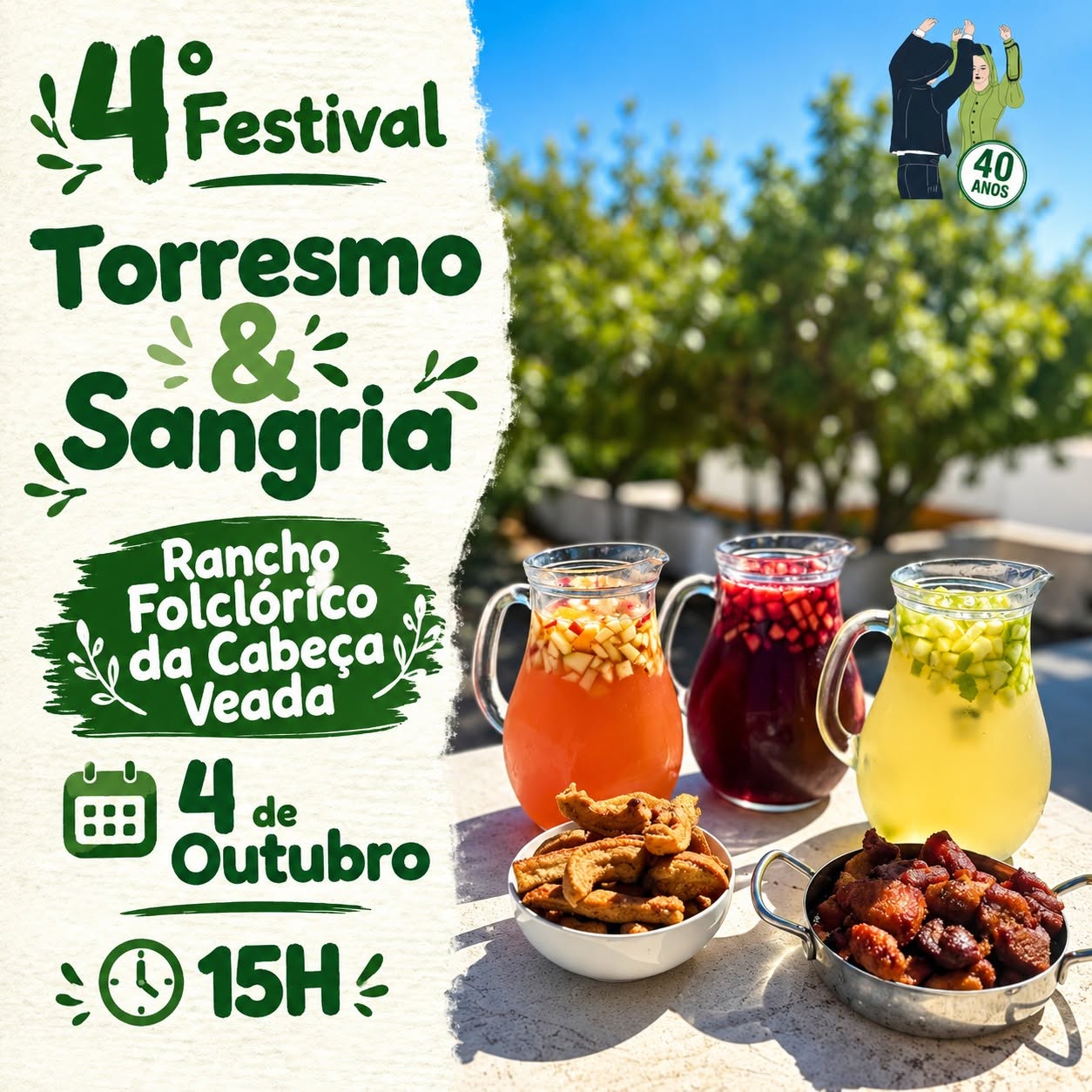 Cartaz do 4.º Festival Torresmo & Sangria, do Rancho Folclórico da Cabeça Veada. Anuncia o evento para 4 de outubro, às 15h, com imagens de jarros de sangria e petiscos.