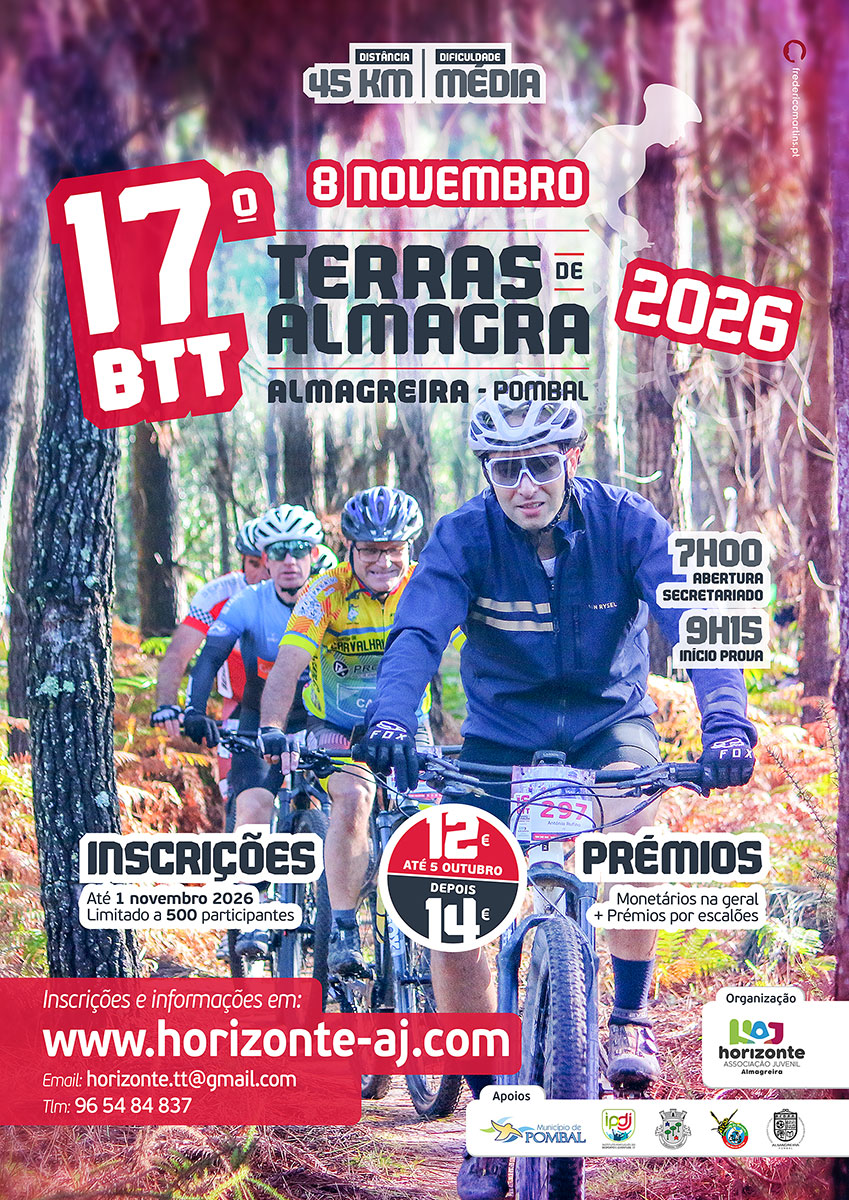 Cartaz da 17.ª BTT Terras de Almagre, anunciada para 8 de novembro de 2026 em Almagreira, Pombal. A imagem mostra ciclistas num percurso florestal e indica uma distância de 45 km, de dificuldade média.